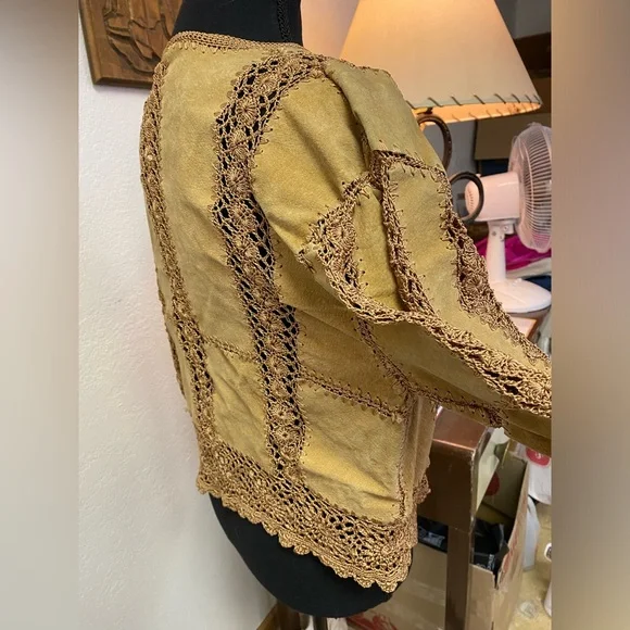 Unique OOAK Hippie Patchwork Leather Crochet Crop Jacket Top Blouse Handmade Sz? - Picture 7 of 16